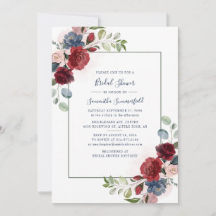 Invitación Borgoña Floral Rustic Script Bridal Shower
