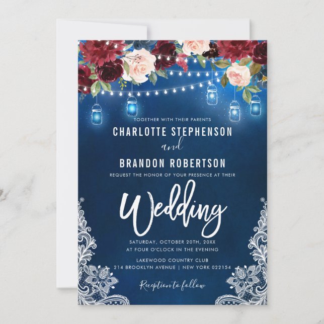 Invitación Borgoña Floral Rustic String light Mason Jar (Anverso)