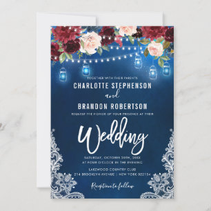 Invitación Borgoña Floral Rustic String light Mason Jar