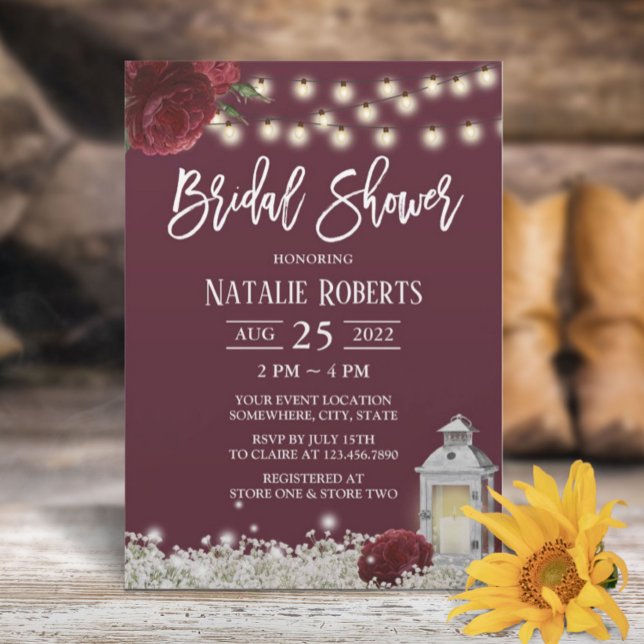 Invitación Borgoña Floral Rustica Madera Linterna Bridal Duch (Subido por el creador)