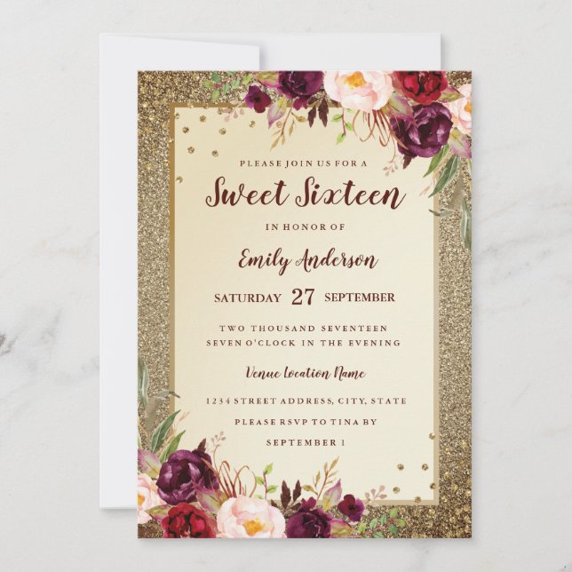 Invitación Borgoña floral Sparkle Gold Sweet 16 Invite (Anverso)