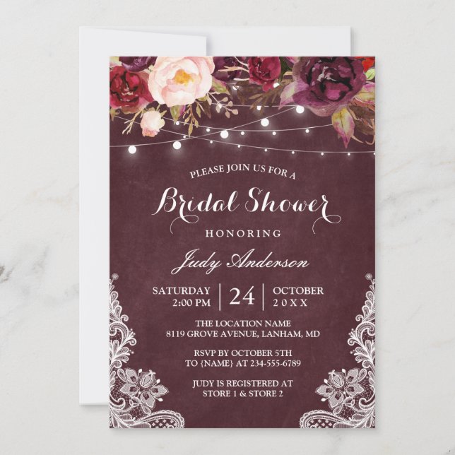 Invitación Borgoña Floral String Luces Lace Bridal Ducha (Anverso)