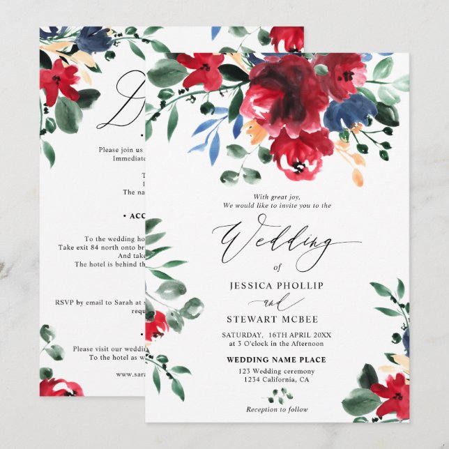 Invitación Borgoña floral todo en un boda de caligrafía (Anverso / Reverso)
