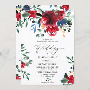Invitación Borgoña floral todo en un boda de caligrafía