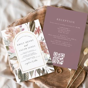 Invitación Borgoña Floral todo en un Boda de código QR