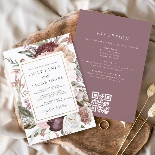 Invitación Borgoña Floral todo en un Boda de código QR (Subido por el creador)