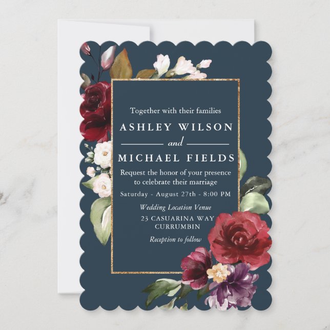 Invitación Borgoña Floral Verde azulada Verde Boda moderno (Anverso)