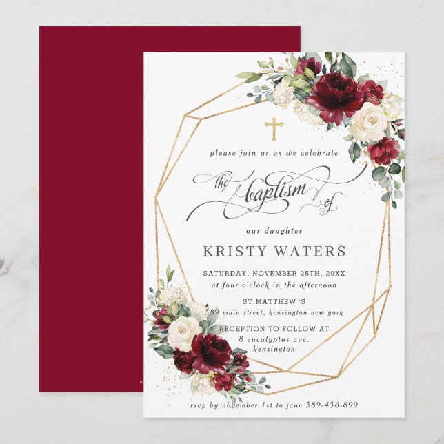 Invitación Borgoña Floral Verdor Baptismo Geométrico (Anverso / Reverso)