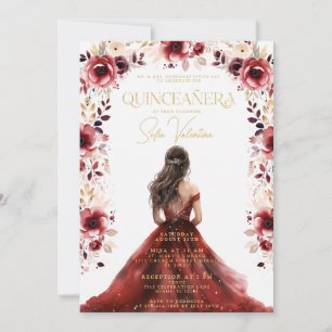 Invitación Borgoña Floral Vestido Guiso Floral Quinceañera