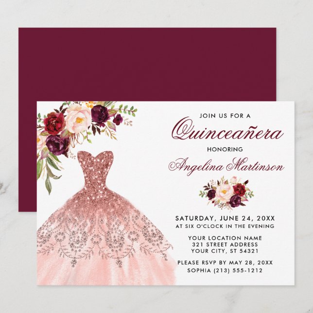 Invitación Borgoña Floral Vestido Purpurina Rosa Quinceanera (Anverso / Reverso)