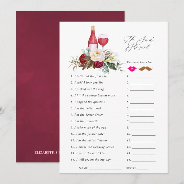 Invitación Borgoña Floral Vino Degustación Bridal Ducha Juego (Anverso / Reverso)
