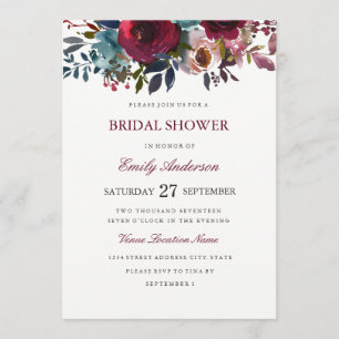 Invitación Borgoña Floral Watercolor Bridal Shower