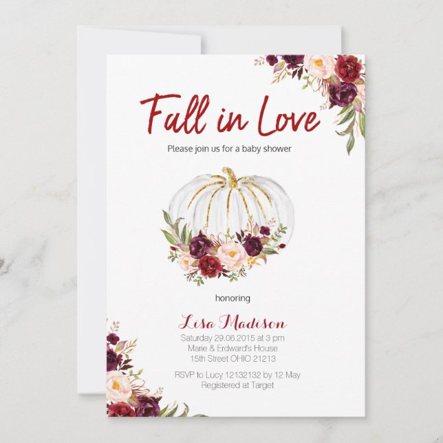 Invitación Borgoña Floral White Pumpkin Baby Shower (Anverso)