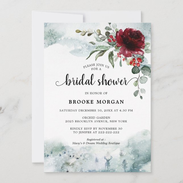 Invitación Borgoña Floral Winter wonderland Bridal Shower (Anverso)