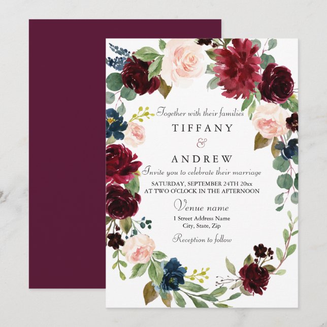 Invitación Borgoña Floral Wreath moderna y elegante boda (Anverso / Reverso)