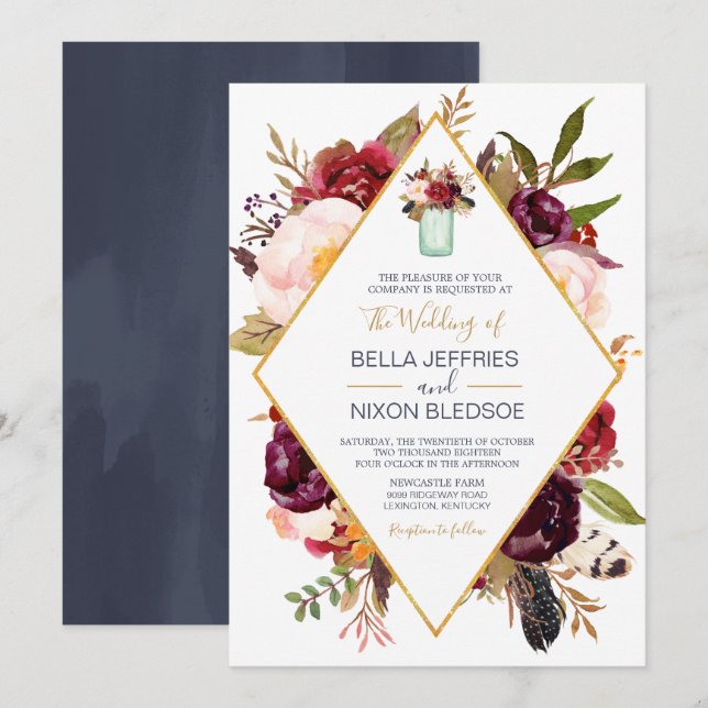 Invitación Borgoña florero de vino Rubor Mason Jar Boda (Anverso / Reverso)