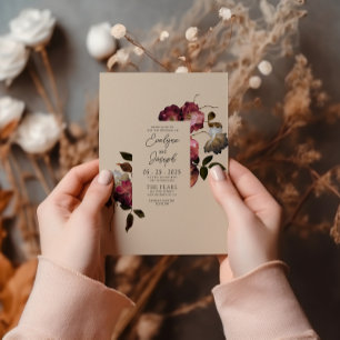 Invitación Borgoña Flores de marfil Boho Moda Boda moderno
