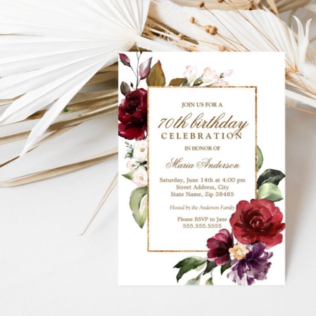 Invitación Borgoña Flores de Oro Frontera 70 cumpleaños (Subido por el creador)