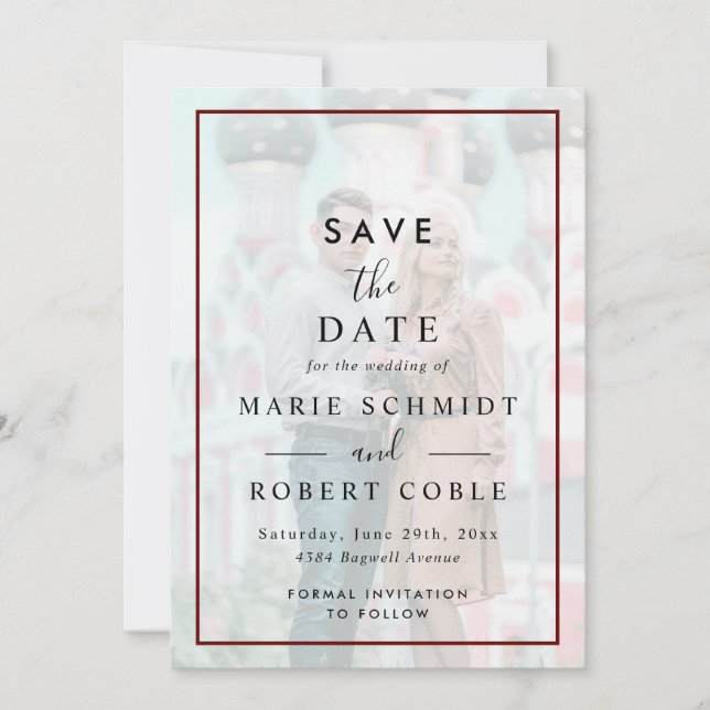 Invitación Borgoña Frontera Faux Vellum Efecto Boda de foto (Anverso)