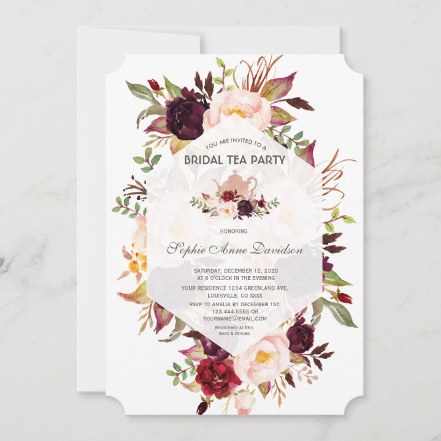 Invitación Borgoña Geométrica Floral Bridal Shower Tea Fiesta (Anverso)