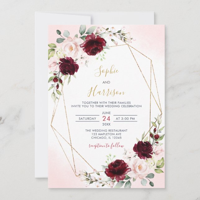 Invitación Borgoña geométrica y Boda floral Rubor (Anverso)
