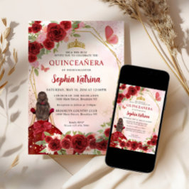Invitación Borgoña Glam Rojo Dorado Princesa Quinceañera