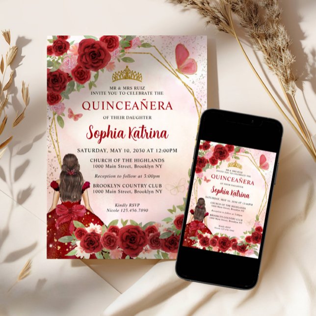 Invitación Borgoña Glam Rojo Dorado Princesa Quinceañera (Subido por el creador)