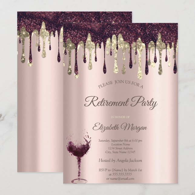 Invitación Borgoña Glitter Drill Glass Rose Gold Retirement (Anverso / Reverso)