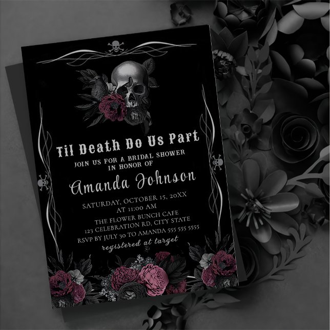 Invitación Borgoña Gothic Dark Floral Skull Bridal Shower (Subido por el creador)
