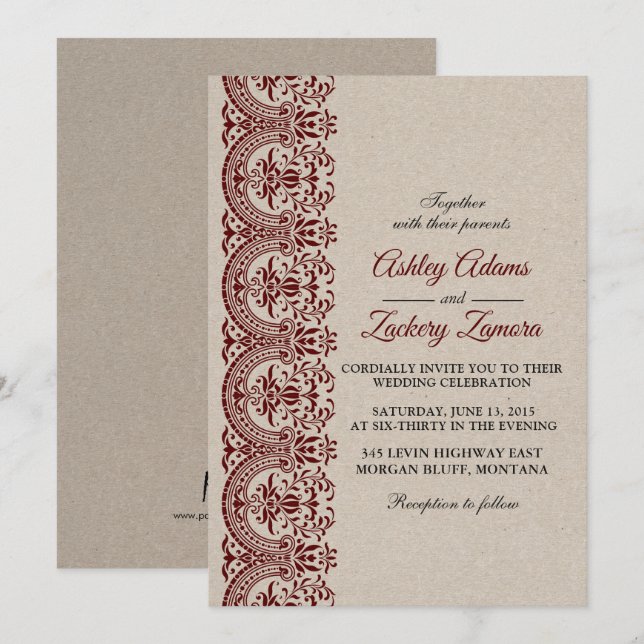Invitación Borgoña/Invitación a la boda de la luna de miel (Anverso / Reverso)