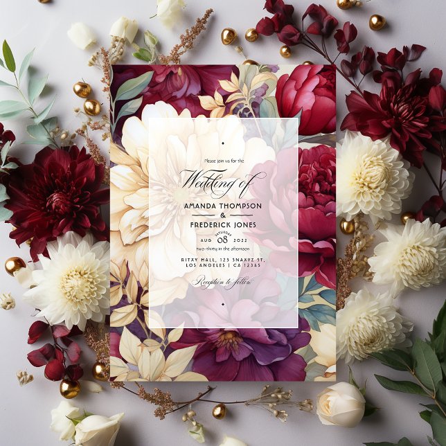 Invitación Borgoña, marfil y Boda floral de oro (Subido por el creador)