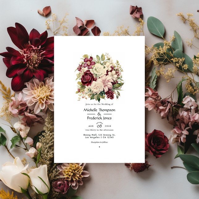Invitación Borgoña, marfil y Boda floral sabio (Subido por el creador)