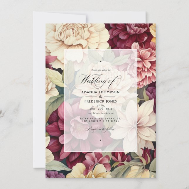 Invitación Borgoña, marfil y Boda floral sabio (Anverso)