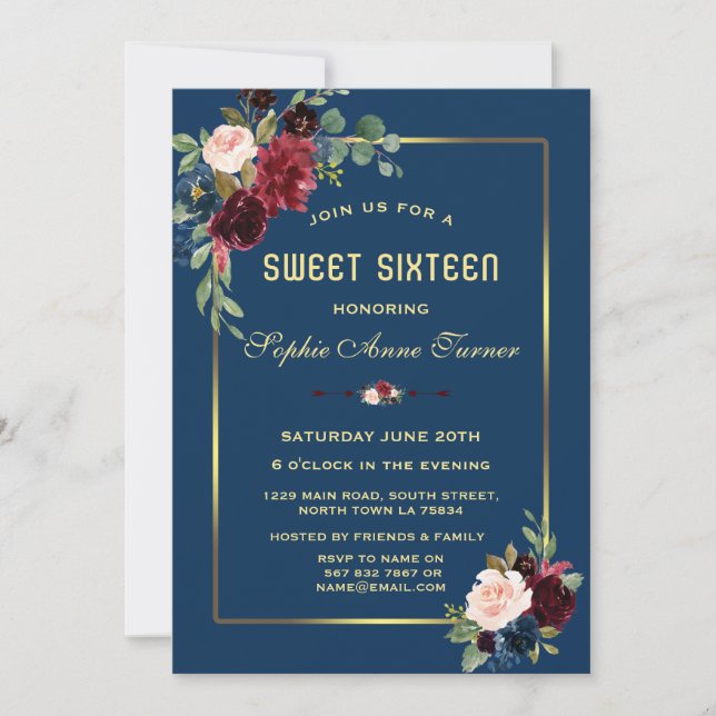 Invitación Borgoña Marina Floral Azul Marco Dorado Dulce 16 (Anverso)