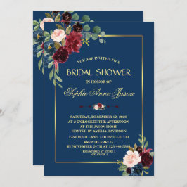 Invitación Borgoña Marina Floral Azul Marcos Dorados Ducha de