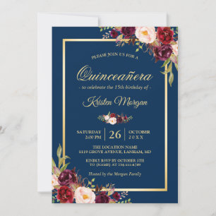 Invitación Borgoña Marina Floral Azul Quinceanera Cumpleaños