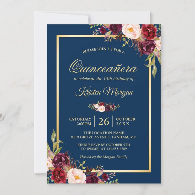 Invitación Borgoña Marina Floral Azul Quinceanera Cumpleaños (Anverso)