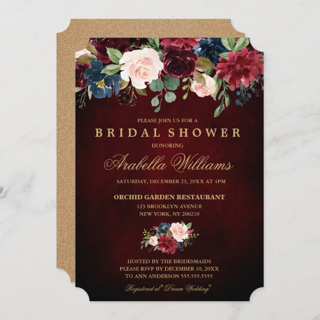 Invitación Borgoña Marina Roja Floral Rustic Boho Bridal Show (Anverso / Reverso)