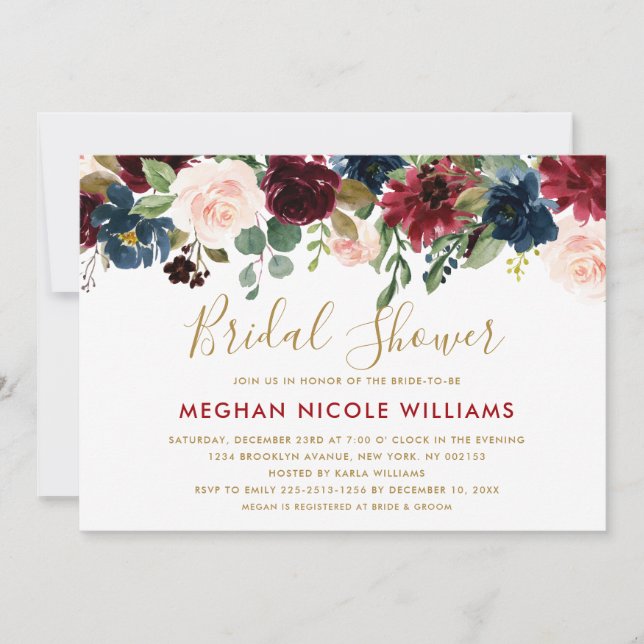 Invitación Borgoña Marina Roja Floral Rustic Boho Bridal Show (Anverso)