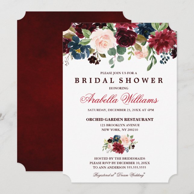 Invitación Borgoña Marina Roja Floral Rustic Boho Bridal Show (Anverso / Reverso)