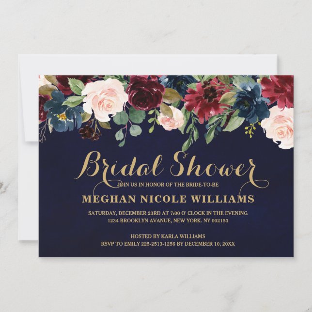 Invitación Borgoña Marina Roja Floral Rustic Boho Bridal Show (Anverso)