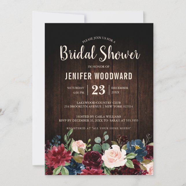 Invitación Borgoña Marina Roja Floral Rustic Boho Bridal Show (Anverso)