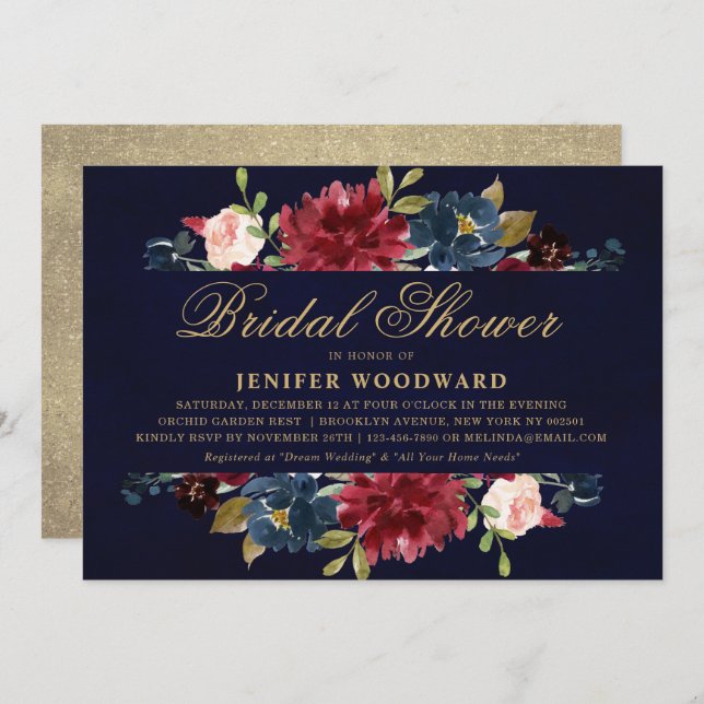 Invitación Borgoña Marina Roja Floral Rustic Boho Bridal Show (Anverso / Reverso)