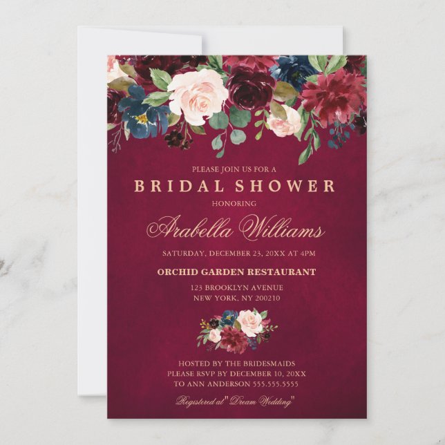 Invitación Borgoña Marina Roja Floral Rustic Boho Bridal Show (Anverso)