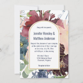 Invitación Borgoña, marina, Rosa y Boda floral de oro |