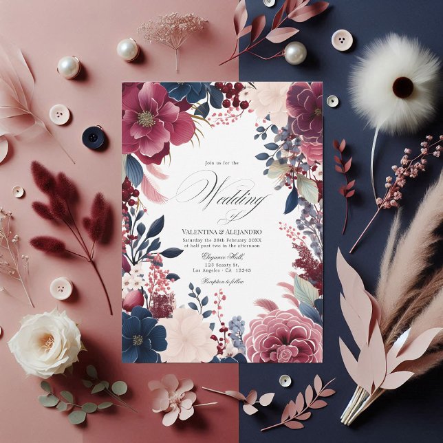 Invitación Borgoña, marina y Boda de vinos florales de Rubor  (Burgundy, Navy, and Blush Boho Floral Wine Wedding Invitation)