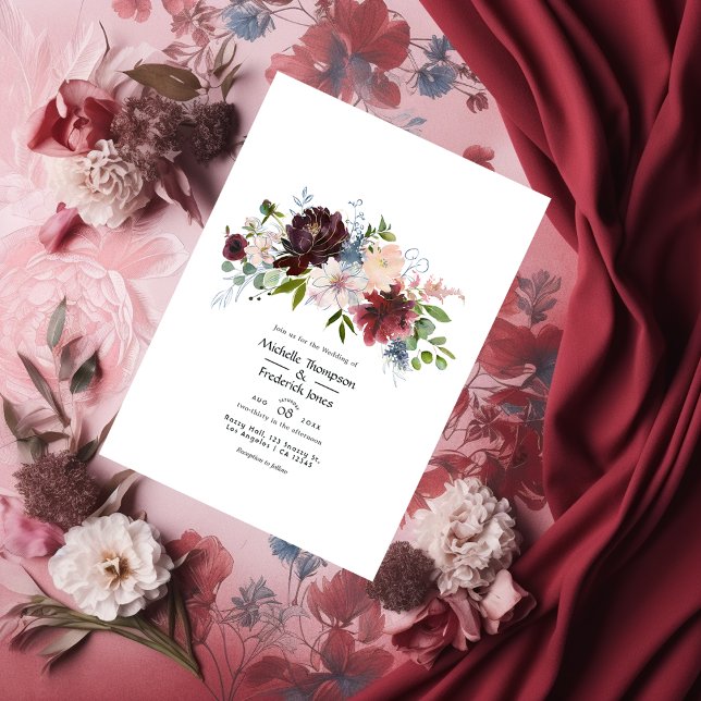 Invitación Borgoña, marina y Boda floral de Rubor (Subido por el creador)