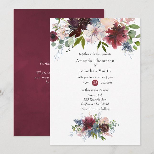 Invitación Borgoña, marina y Boda floral rosa Rubor (Anverso / Reverso)