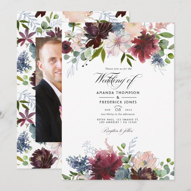 Invitación Borgoña, marina y Boda floral Rubor Actualización  (Anverso / Reverso)