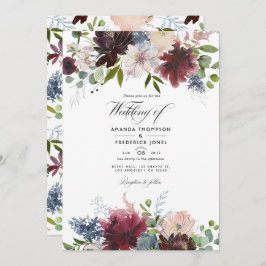 Invitación Borgoña, marina y Boda floral Rubor Actualización 